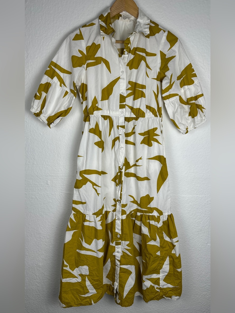NAOO Womens M 100% Cotton Abstract Floral Button Front Maxi Dress Puff Sleeve